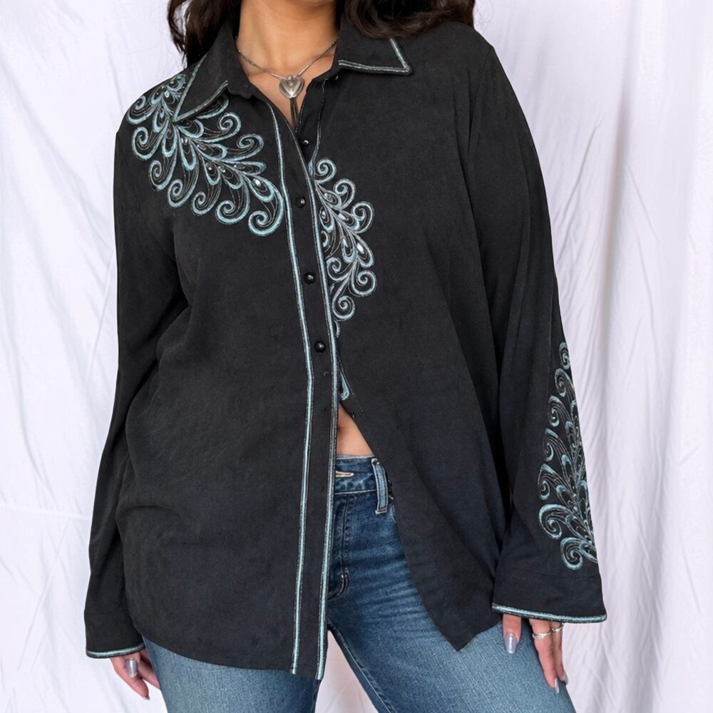 Bob Mackie 90s Black Faux Suede Embroidered Western Button-Down Shirt XL